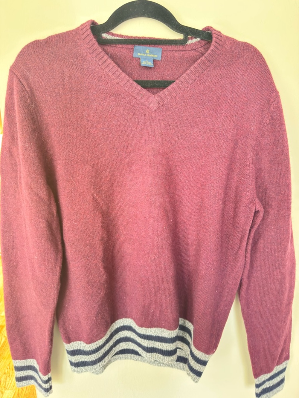 Brooks Brothers Unisex V-Neck Sweater with Elbow Patches and Striped Hem